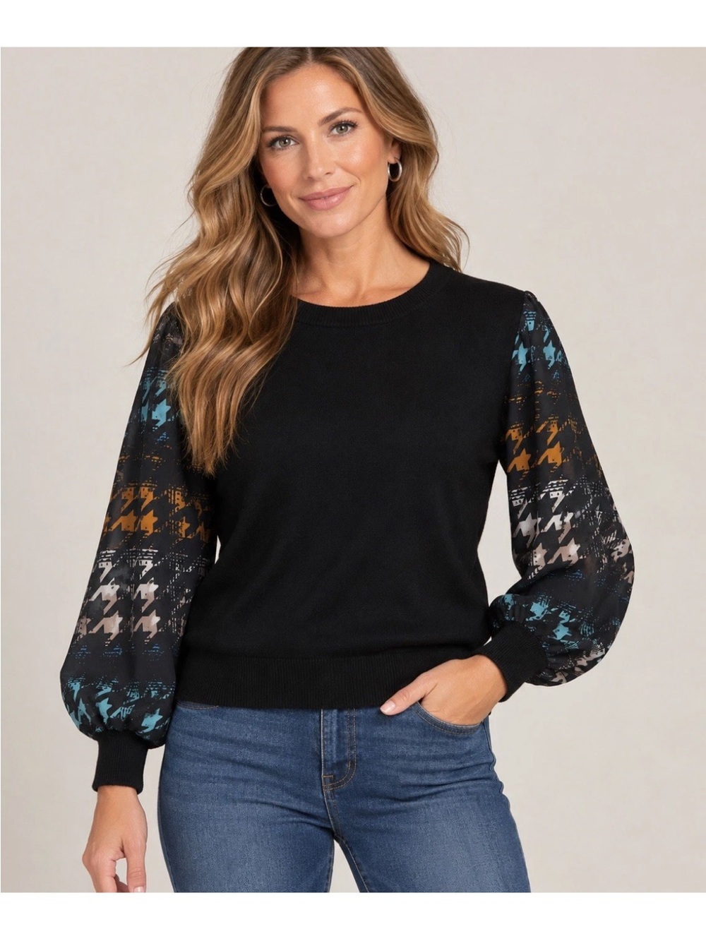 Anthropologie OVLA Black Mixed Media Contrast Balloon Sleeve Sweater Size M